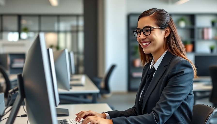 Generative AI in corporate tax: Woman in office using computer.
