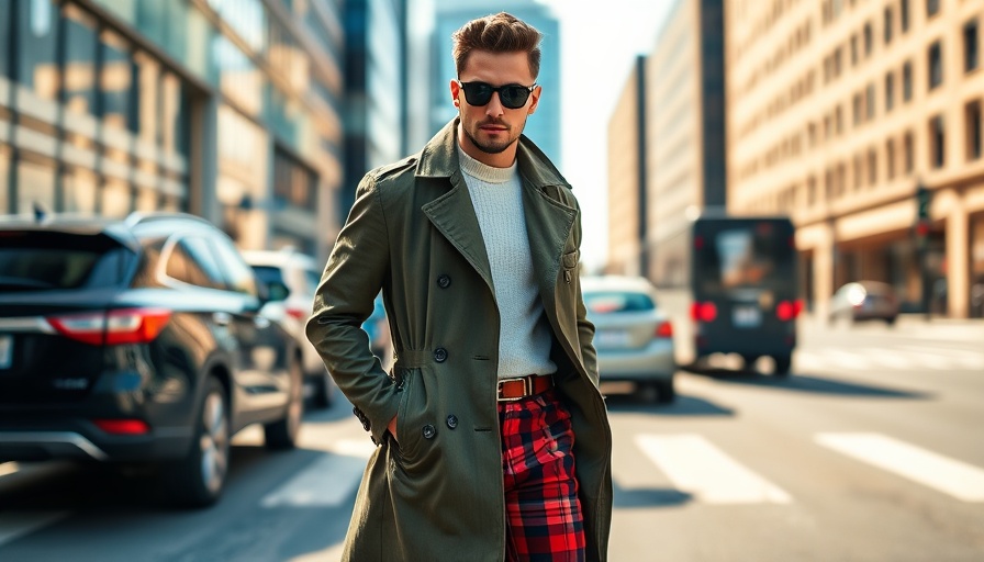 Future of London menswear, stylish man in plaid pants and trench coat.