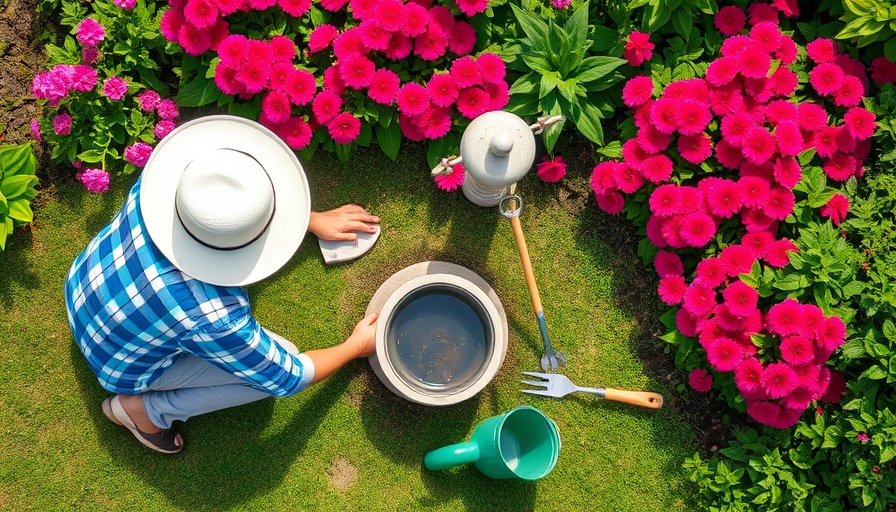 Top-down view of gardener in colorful flower garden, July home maintenance projects.