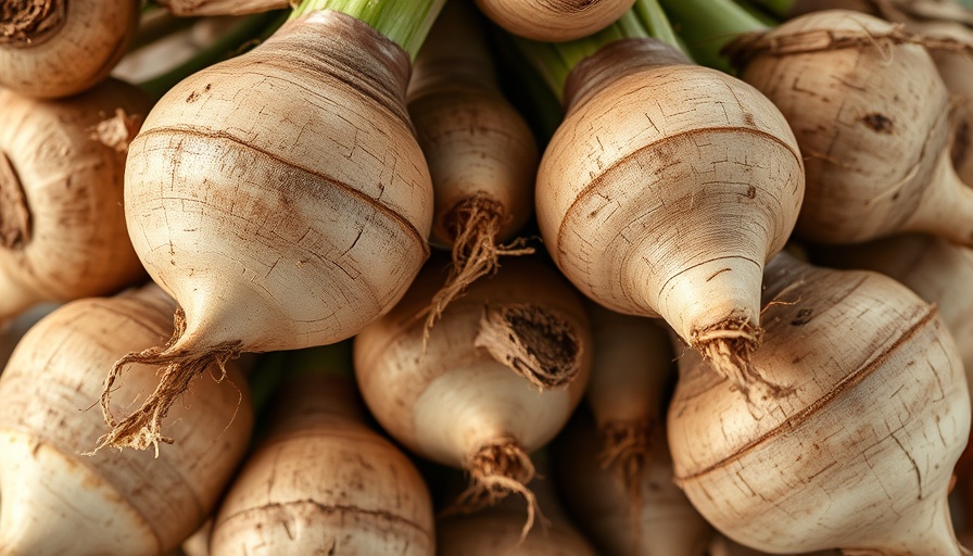Close-up of freshly harvested horseradish roots.