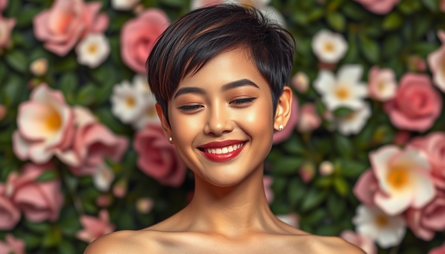 Young woman with a pixie cut smiling, floral background, growing out a buzz cut.