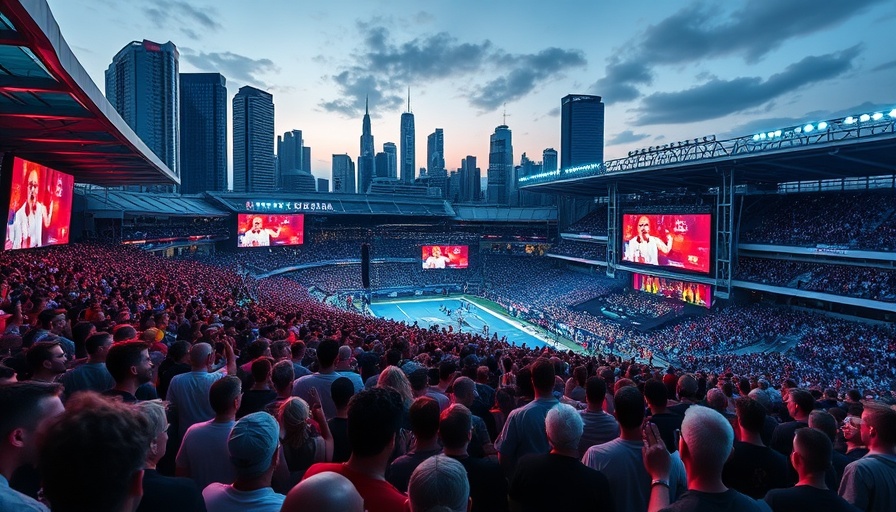 Unmatched Magic of Sporting Events: Enthusiastic crowd at sports event with vibrant city backdrop.