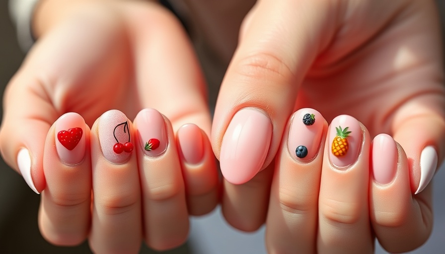 Colorful micro fruit nail designs on almond-shaped nails.