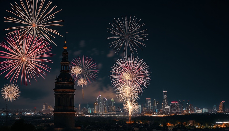 Fireworks over a tower in Kansas City, vibrant night scene.