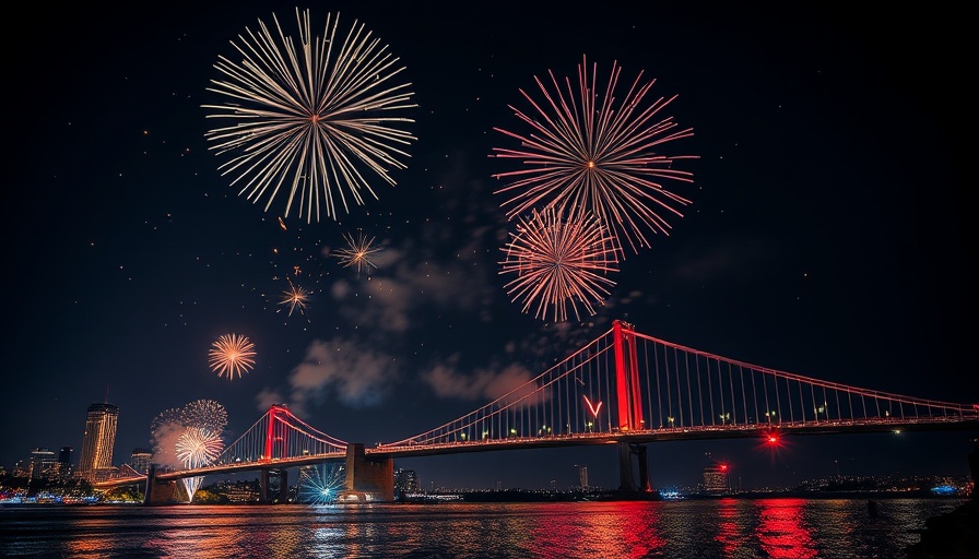Fireworks in Kansas City light up bridge at night.