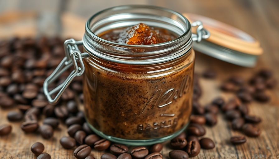 Vanilla latte coffee scrub in a rustic jar surrounded by coffee beans.