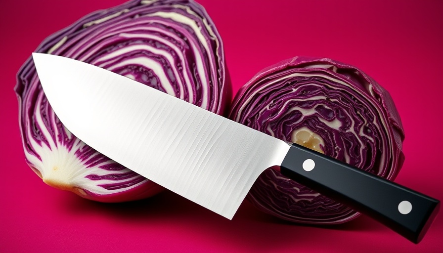 Best Nakiri knife for slicing vegetables with red cabbage on purple background.