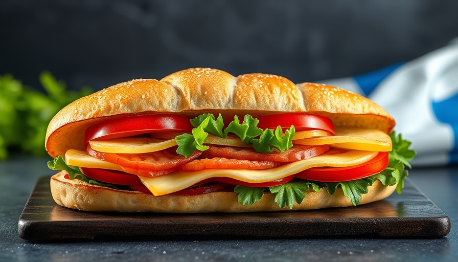 Argentinian Choripán sandwich with fresh ingredients and flag.