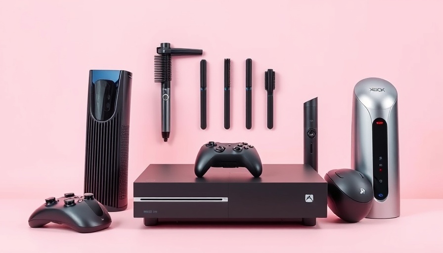 Modern tech gadgets, Xbox, hair tools, air purifier, dynamic composition.