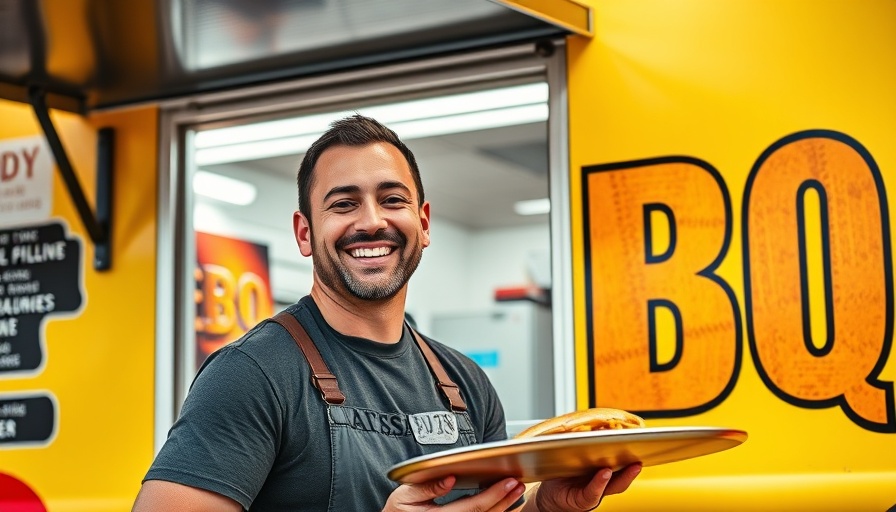 Kansas City BBQ food truck with smiling server and yellow truck.