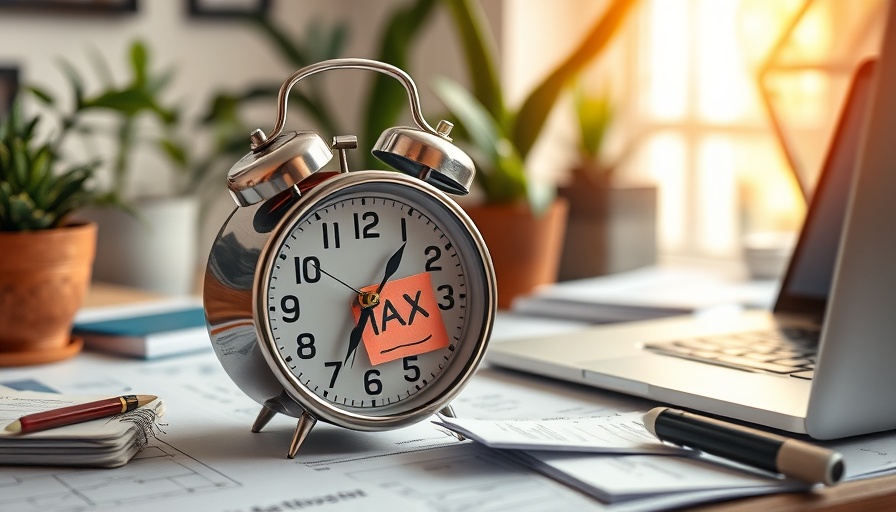 IRS deadline reminder on alarm clock with tax forms and laptop.