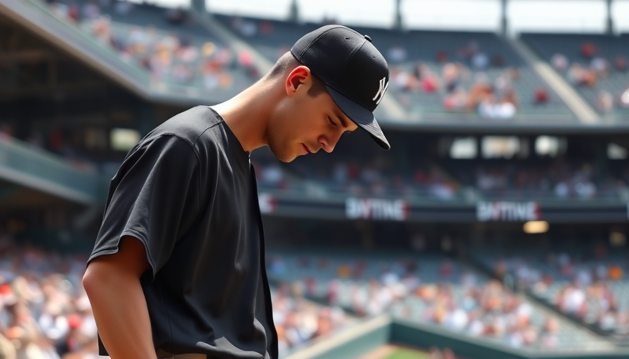 Tall baseball player in black uniform looking down in stadium.