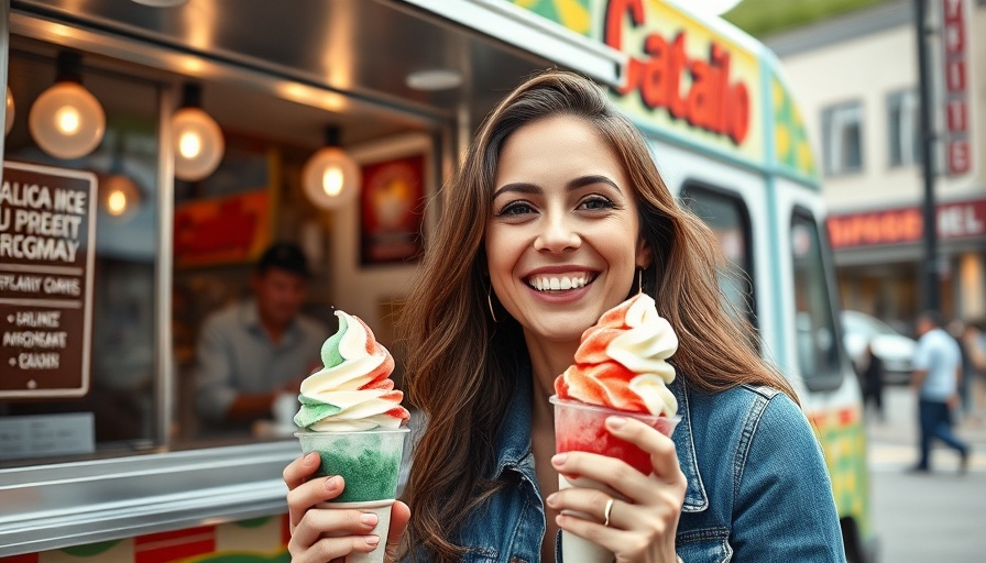 Cheerful woman enjoying Italian ice in Kansas City by a vibrant truck.