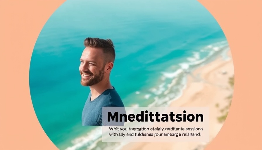 Guided meditation to hone focus, with smiling man and coastal background.