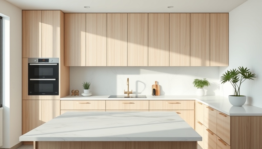 Modern kitchen with marble countertop and wooden cabinets for DIY installation.