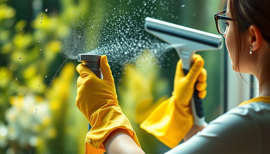 Woman using homemade window cleaner with squeegee, wearing yellow gloves.