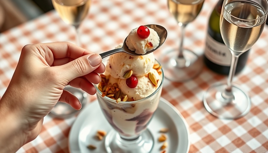 Hand with spoon over gourmet ice cream sundae with pistachios.