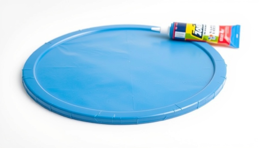 Blue vinyl pool patch kit with repair glue on white background.
