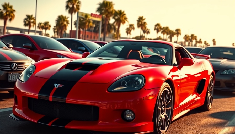 Car dealership lot with stickered sports cars and sunny ambiance.