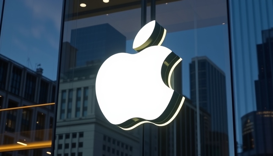 Illuminated Apple logo on glass building, urban reflection.