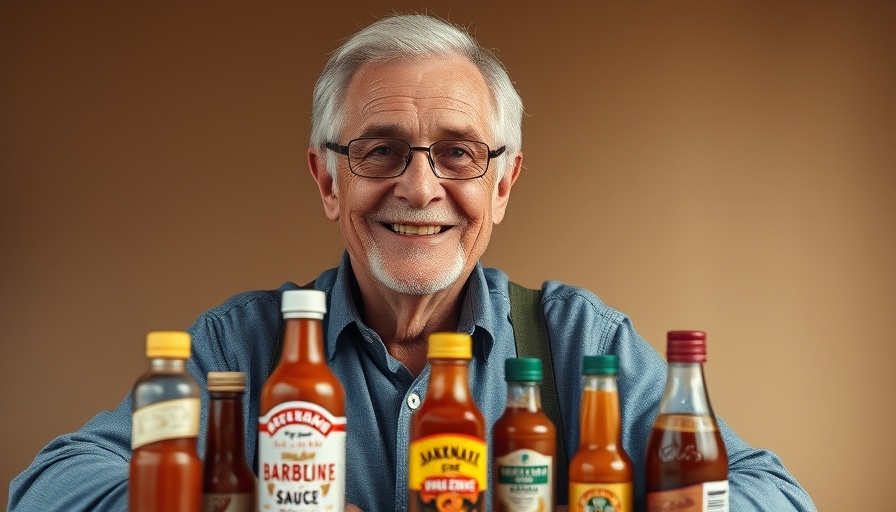 Elderly man smiling with barbecue sauce bottles, Gates Bar-B-Q Kansas City Sauce