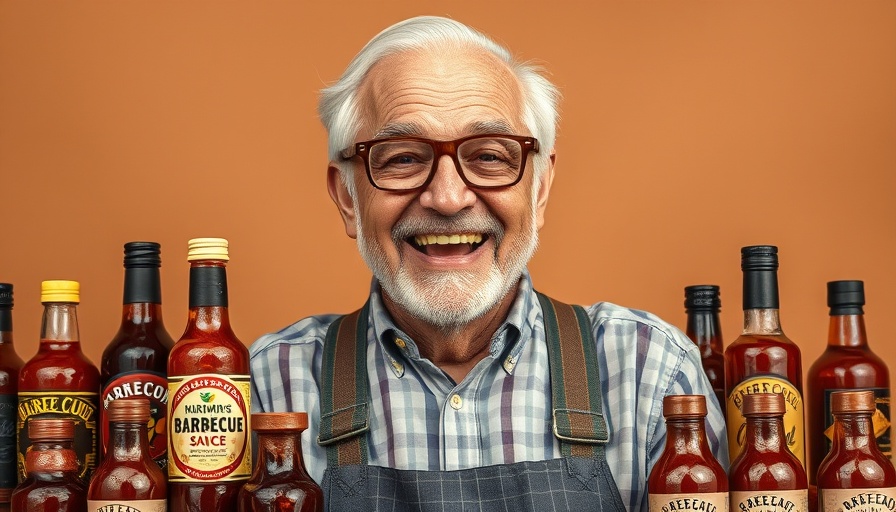 Smiling man with Gates Bar-B-Q Sauce in soft lighting.