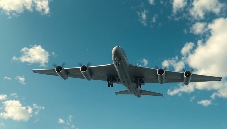B-52 landing gear visible during flight in clear skies