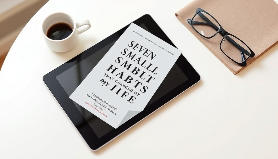 Digital tablet showing book on habits with coffee and glasses.