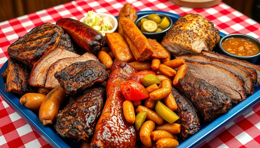 Kansas City craft barbecue platter with meats and sides on checkered tablecloth.