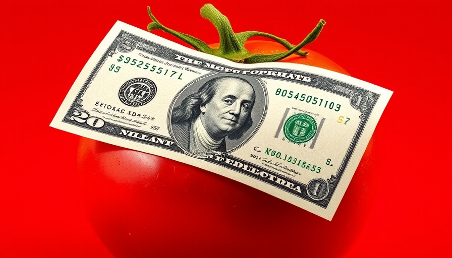 Creative depiction of tomato with dollar bill for tomato tariffs impact on prices.