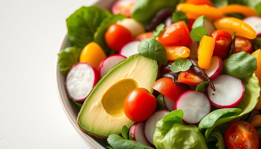 Healthy salad with avocado and vegetables for eating to downregulate cancer genes.