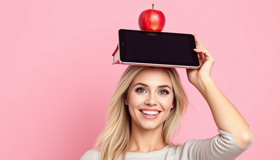 Blonde woman with back-to-school items on head, smiling.