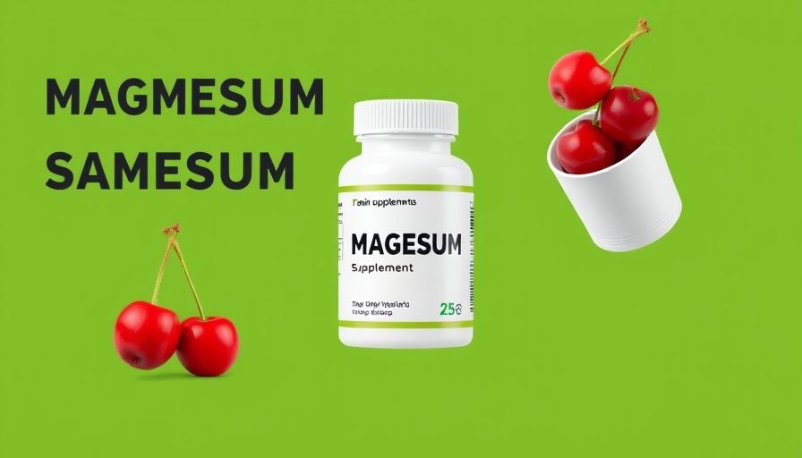 Advertisement for magnesium supplements on a green background with cherries.