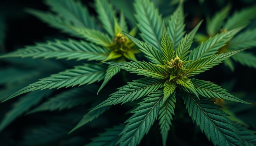 Close-up of cannabis leaves, highlighting texture and color.