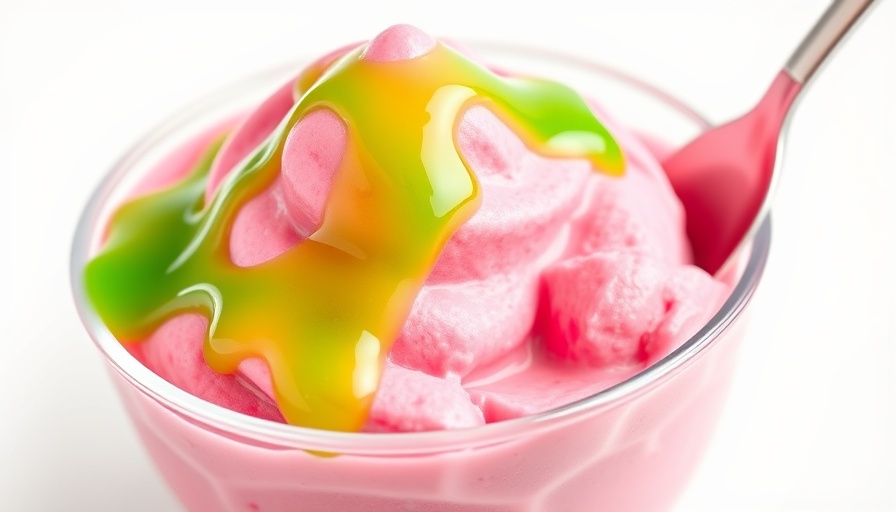 Vibrant homemade frozen yogurt with green syrup.