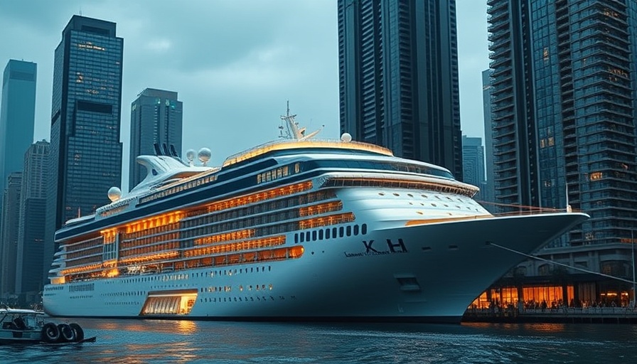 Luxurious cruise ship building in China at dusk.