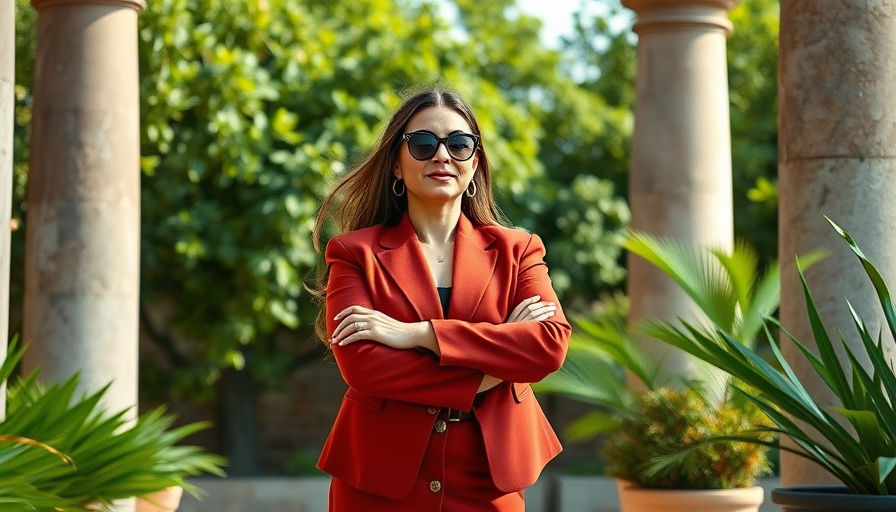Stylish woman Louise Trotter Bottega Veneta in garden.