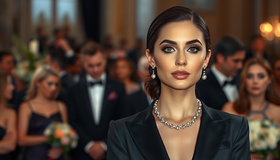 Sophisticated woman at event with serene expression and elegant attire.