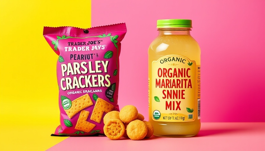 Colorful Trader Joe's parsley crackers and margarita mix against pink and yellow.