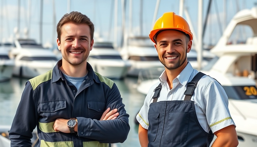 Industrial workers in uniforms at marina showcasing brand image.