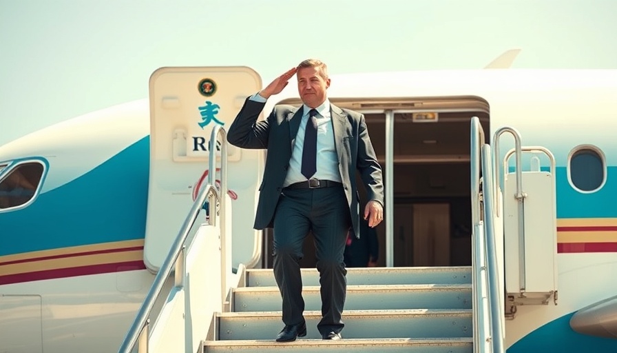 Man saluting while boarding a blue and white airplane, learn to fly theme.