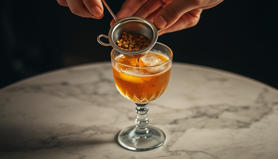 Hand pouring botanical beverage into a glass on marble.