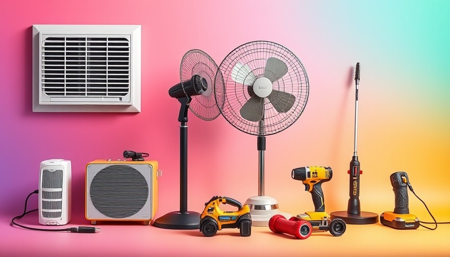 Assorted household tools and appliances on gradient background, best deals on tools.