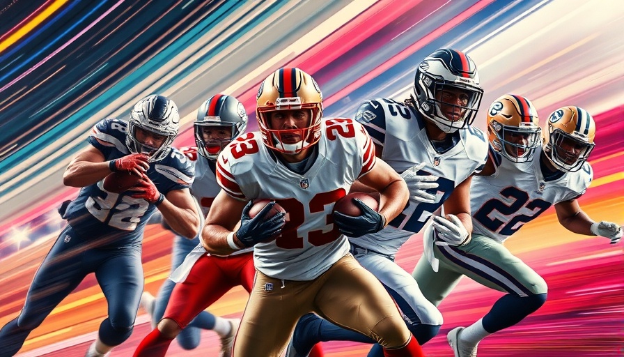 Dynamic NFL team players, showcasing energy, vibrant backdrop.