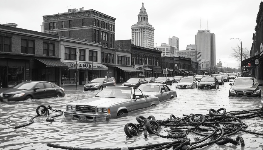 1977 Kansas City flood aftermath with damaged cars and buildings.