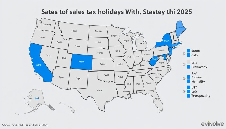 Map showing states with Sales Tax Holidays 2025 highlighted.