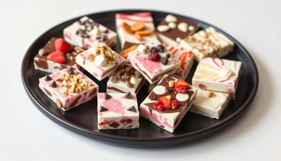 Assorted high protein frozen yogurt bark with toppings on a plate