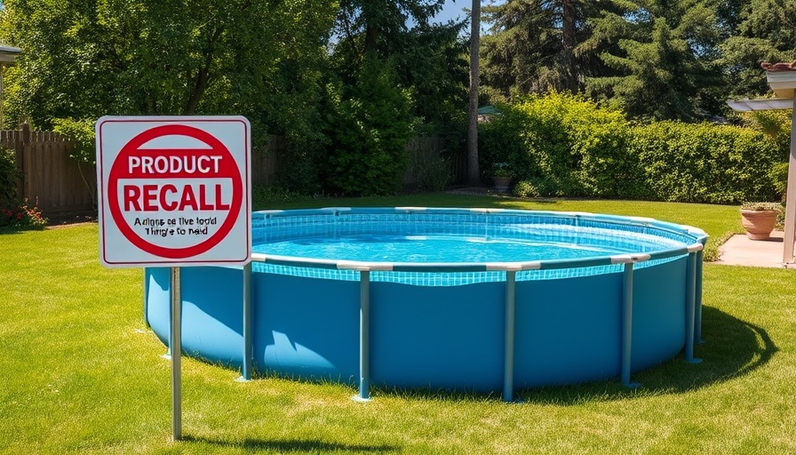 Above-ground pool with product recall sign in sunny backyard.