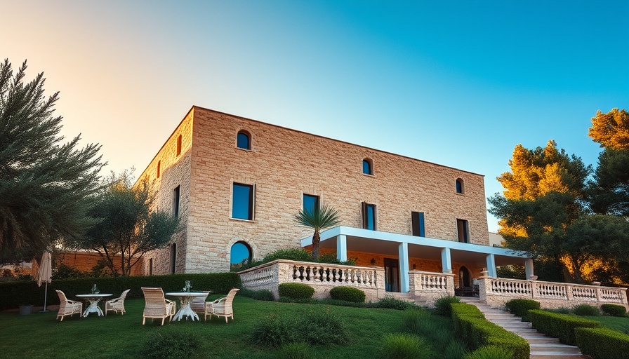 Luxury Hotel in Puglia with stone architecture and blue sky.