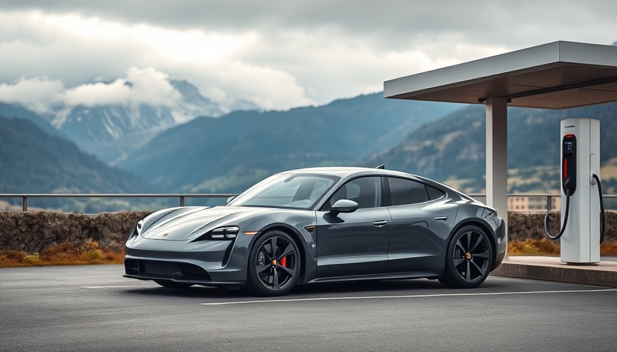 Porsche Taycan at charging station in Swiss landscape.